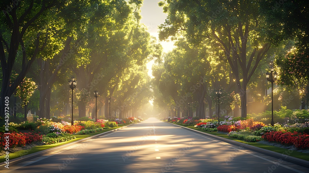 A sunlit road through a tree-lined avenue with flowers on the side. A sunlit road through a tree-lined avenue with flowers on the side.