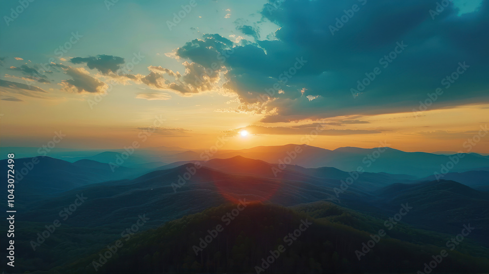 Aerial View of Sunset Illuminating the Blue Ridge Mountains in Vibrant Hues Aerial View of Sunset Illuminating the Blue Ridge Mountains in Vibrant Hues