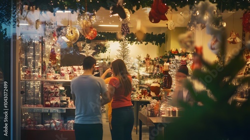 Couple shopping in a festive store with holiday decorations.