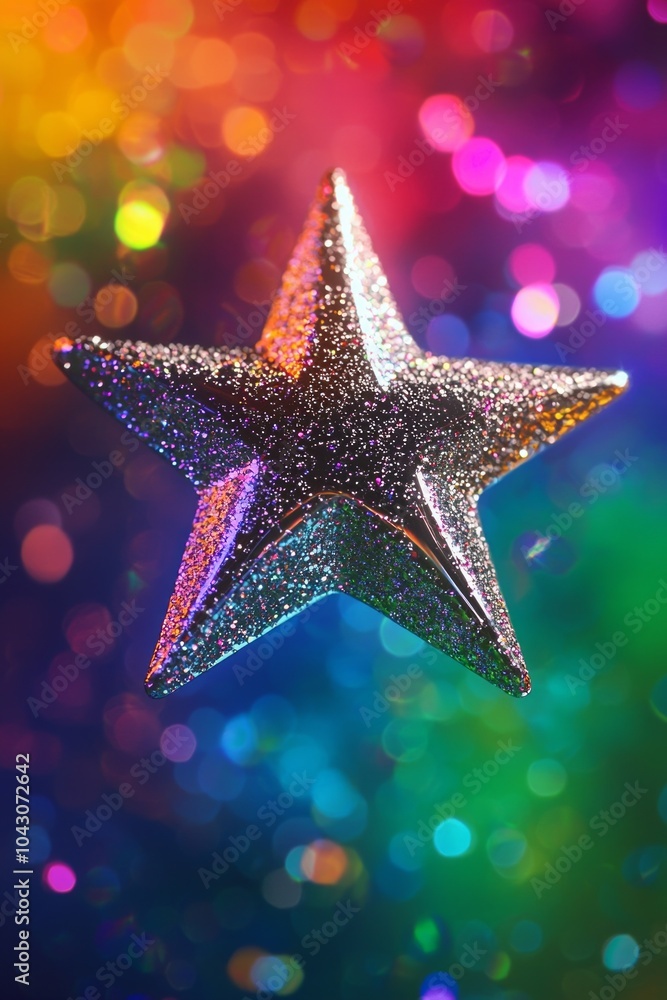 A sparkling silver star floating in front of a vibrant, colorful gradient background. A sparkling silver star floating in front of a vibrant, colorful gradient background.