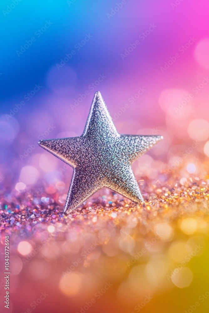 A sparkling silver star floating in front of a vibrant, colorful gradient background. A sparkling silver star floating in front of a vibrant, colorful gradient background.