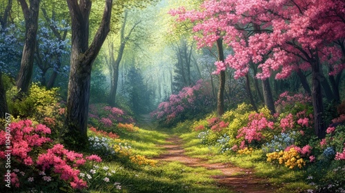 A serene forest path adorned with colorful flowers and lush greenery.