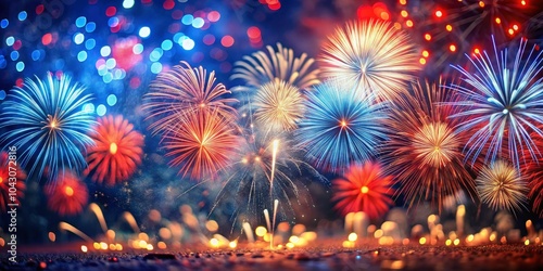 Stunning Red and Blue Fireworks Celebrating Americaâ€™s Spirit in Tilt-Shift Photography for Patriotic Themes, Independence Day Celebrations, and Festive Decorations