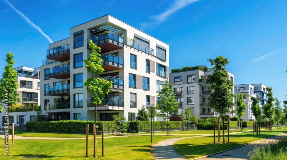 Modern apartment buildings in a green residential area in the city. Modern apartment buildings in a green residential area in the city.