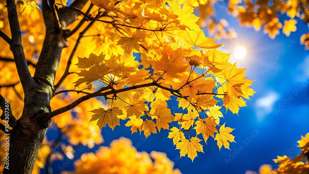 Obraz premium Stunning Silhouette of a Maple Tree with Vibrant Yellow Leaves Against a Bright Blue Sky on a Sunny Day, Perfect for Autumn Photography and Nature Lovers