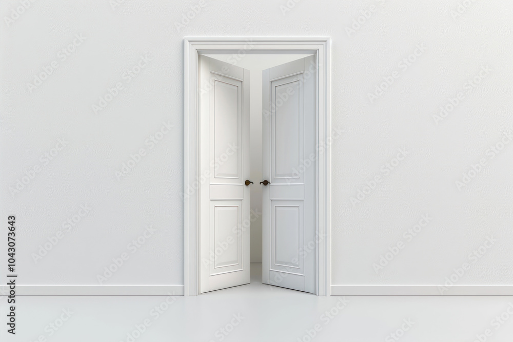 A White Double Door Stands Open, Inviting Exploration in a Minimalistic Hallway at Dawn A White Double Door Stands Open, Inviting Exploration in a Minimalistic Hallway at Dawn