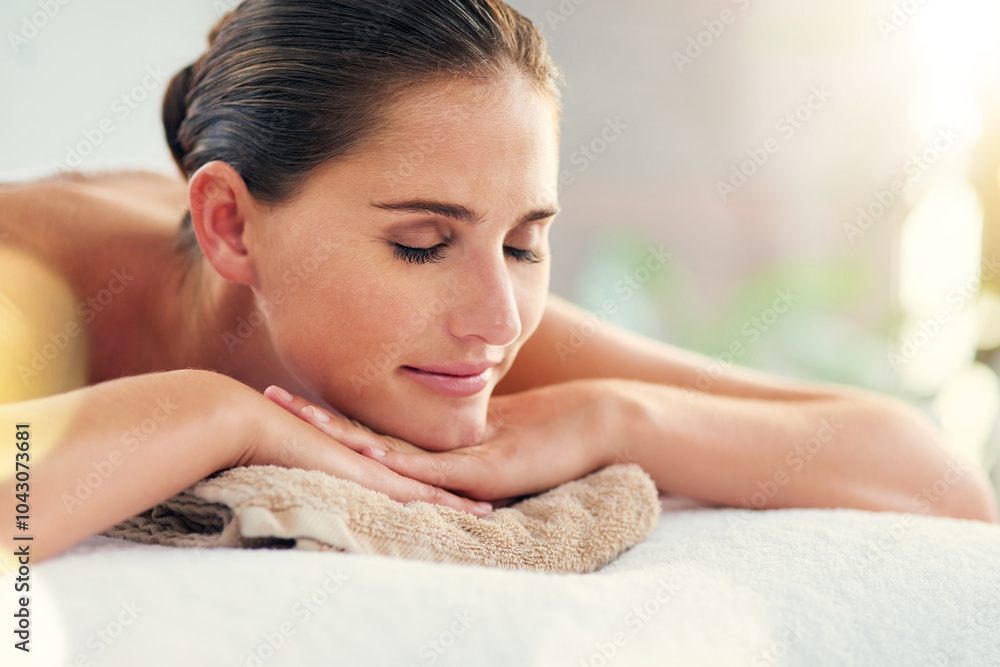 Break, face and massage with woman in spa to relax as customer for hospitality or wellness. Dreaming, peace and sleeping with confident person in luxury hotel or salon for detox, retreat or treatment Break, face and massage with woman in spa to relax as customer for hospitality or wellness. Dreaming, peace and sleeping with confident person in luxury hotel or salon for detox, retreat or treatment