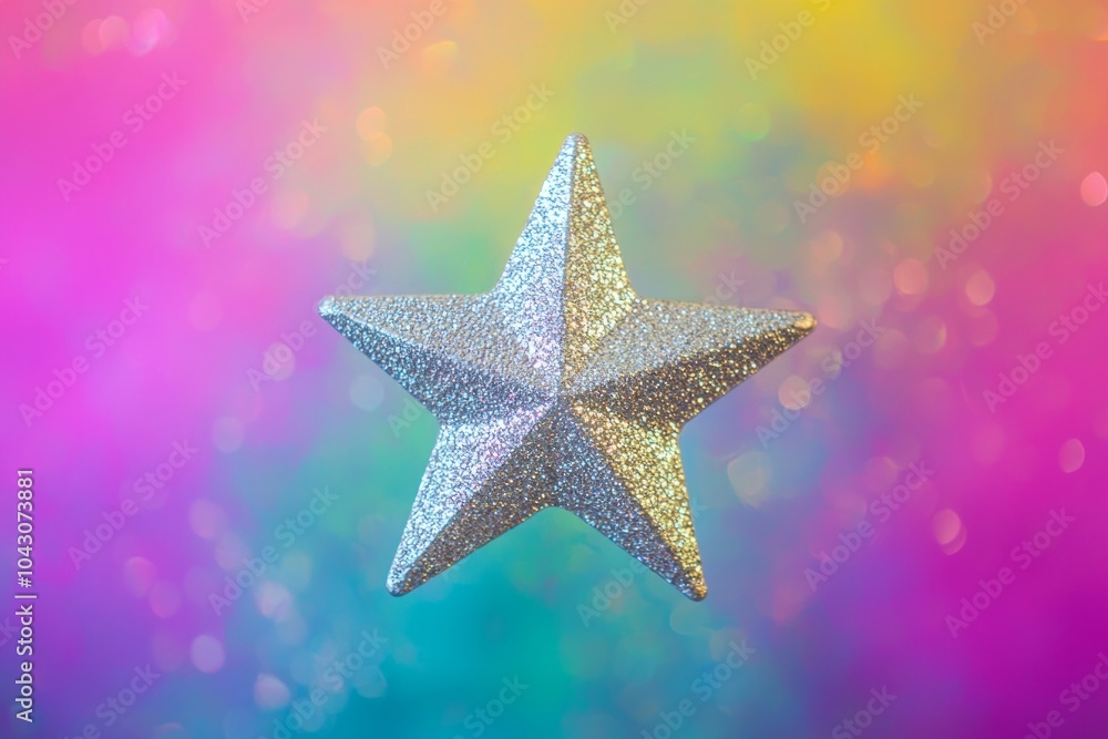 A sparkling silver star floating in front of a vibrant, colorful gradient background. A sparkling silver star floating in front of a vibrant, colorful gradient background.
