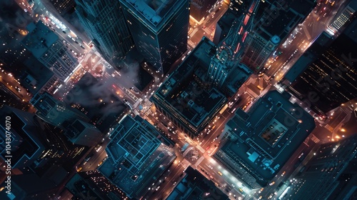 Fototapeta Naklejka Na Ścianę i Meble -  Aerial top view of downtown district buildings in night city light.