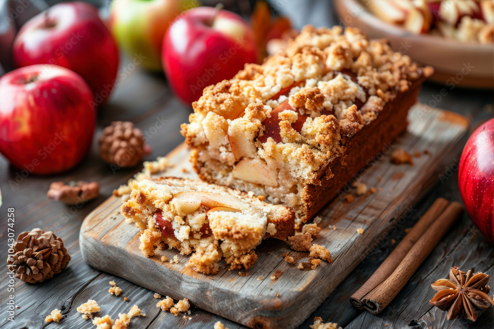 Fototapeta premium Delicious Apple Loaf With Crumbles Displayed on a Rustic Wooden Board Surrounded by Fresh Apples