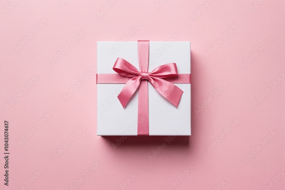 White gift box with pink ribbon bow on pink background White gift box with pink ribbon bow on pink background