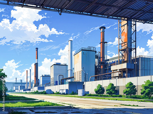 Eco-Industrial Revolution. A large, modern industrial plant, with expansive metal buildings, tall smokestacks, and large storage tanks.