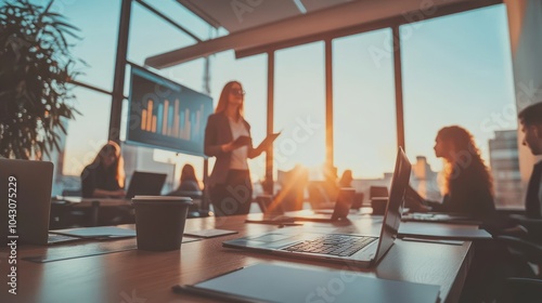 Team Collaboration in Modern Office: Sunset Meeting