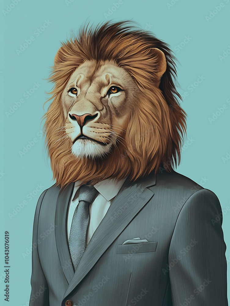 Male lion in a gray business suit on a pale blue background.