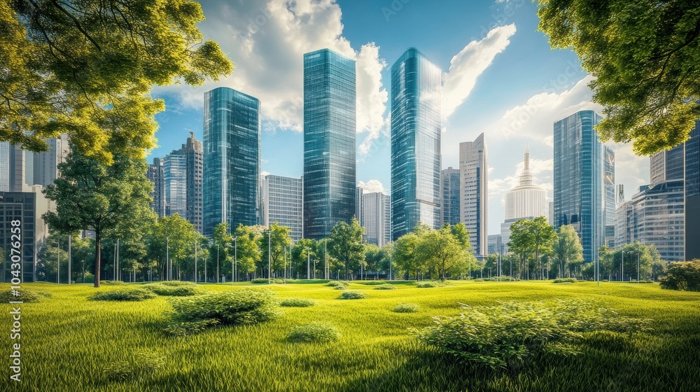 Obraz premium A futuristic city skyline is integrated with wind turbines and digital smart technology, surrounded by lush greenery, symbolizing innovation and sustainable development.