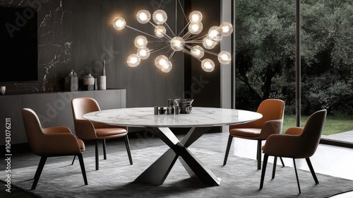 Modern Dining Room with Round Marble Table and Chandelier