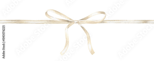 Ribbon Bow Border. Watercolor illustration of beige wrap. Hand drawn on white isolated background. Painting of template frame for card and invitation. Drawing of satin knot banner
