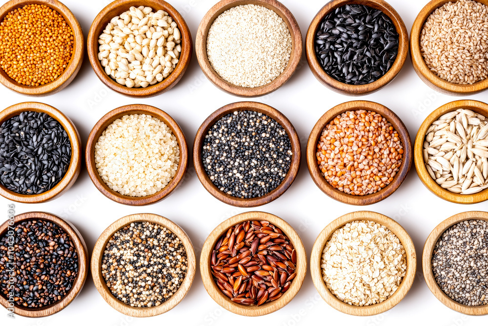 Assorted grains and seeds in wooden bowls Assorted grains and seeds in wooden bowls