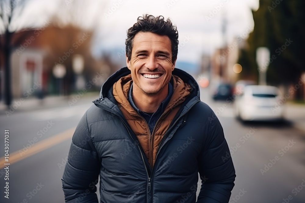 Portrait of a handsome young man smiling at the camera while standing in the street. Portrait of a handsome young man smiling at the camera while standing in the street.