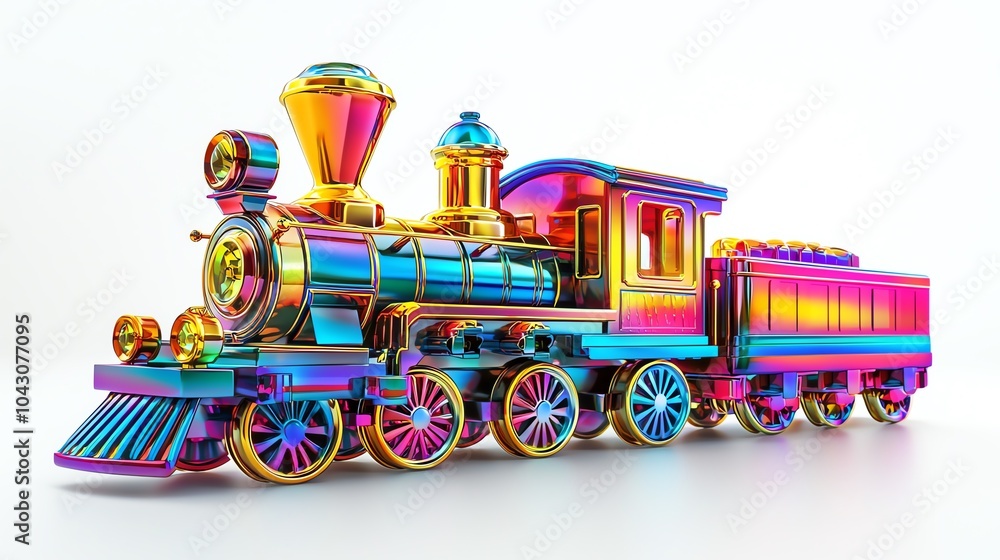 A 3D holographic image of a childrens toy train, projected in vivid colors, isolated on a clean white background, providing space for promotional content A 3D holographic image of a childrens toy train, projected in vivid colors, isolated on a clean white background, providing space for promotional content