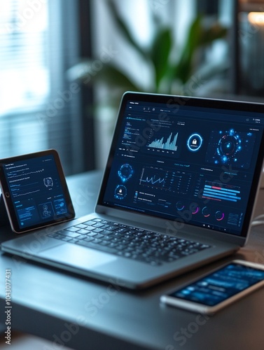 dashboard report on a laptop and office equipment
