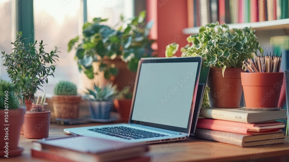 A cozy workspace with a laptop surrounded by potted plants and books. A cozy workspace with a laptop surrounded by potted plants and books.