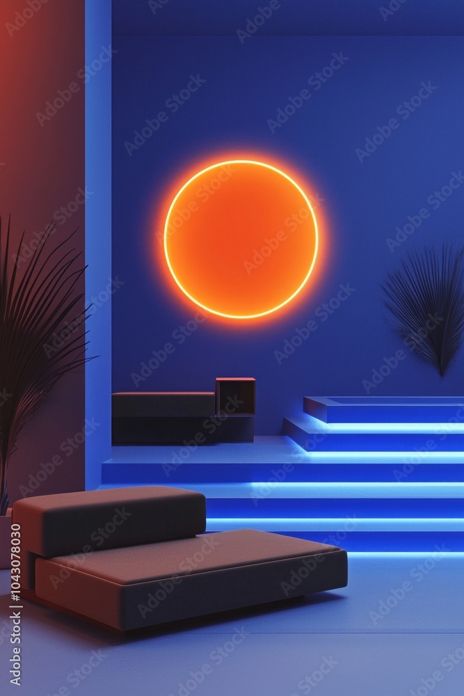 A room with an orange neon light on the wall, featuring staircase steps and modern furniture. The interior is illuminated by blue lighting. A room with an orange neon light on the wall, featuring staircase steps and modern furniture. The interior is illuminated by blue lighting.