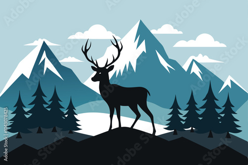 Black Silhouette of Deer and Mountains vector background