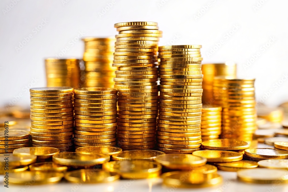 Tilt-Shift Photography of Piles of Metal and Gold Coins on White Background for Financial Articles, Investment Ideas, and Wealth Management Templates Tilt-Shift Photography of Piles of Metal and Gold Coins on White Background for Financial Articles, Investment Ideas, and Wealth Management Templates