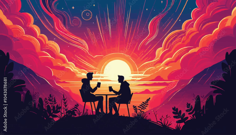 Fototapeta premium couple in cafe with sunset