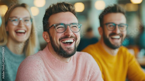 Three friends smiling and laughing together, showcasing joy and camaraderie in a bright, modern setting.