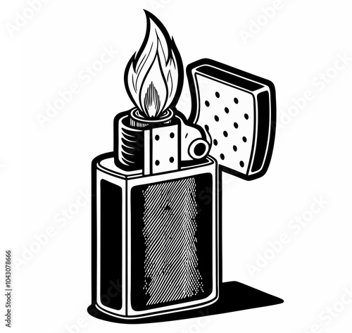 Vector illustration of a classic vintage gasoline lighter sketch featuring an open lid and a flame. Fire flame gas lighter with a fiery side view, outline, and icon. photo