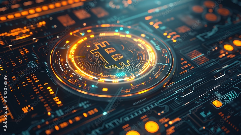 A glowing cryptocurrency coin hovering above a futuristic digital interface with holographic charts and numbers, on a dark background. A glowing cryptocurrency coin hovering above a futuristic digital interface with holographic charts and numbers, on a dark background.