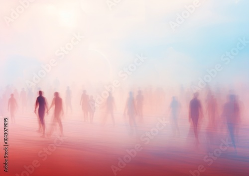 blurred crowd walking in a sunny desert scene, pink and blue tonned