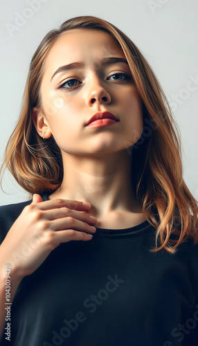 Teenage girl practicing EFT or emotional freedom technique - tapping on the collarbone point isolated with white highlights, png photo