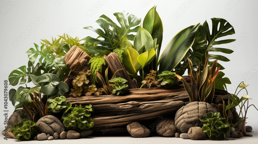 Fototapeta premium A blend of tropical plants and stones creates a vibrant decorative display, enhancing garden landscapes.
