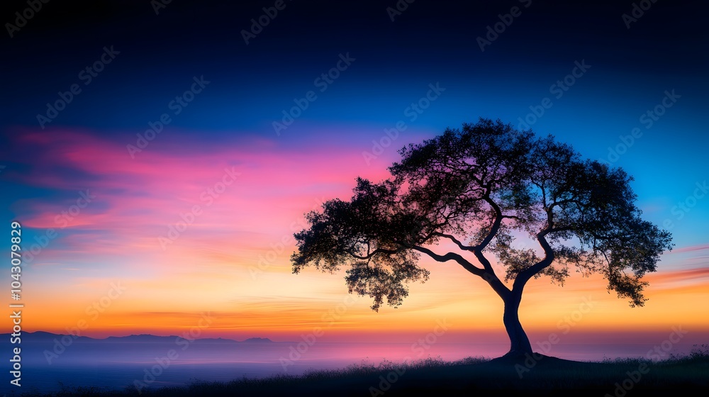 Serene silhouette of a tree at dusk Serene silhouette of a tree at dusk