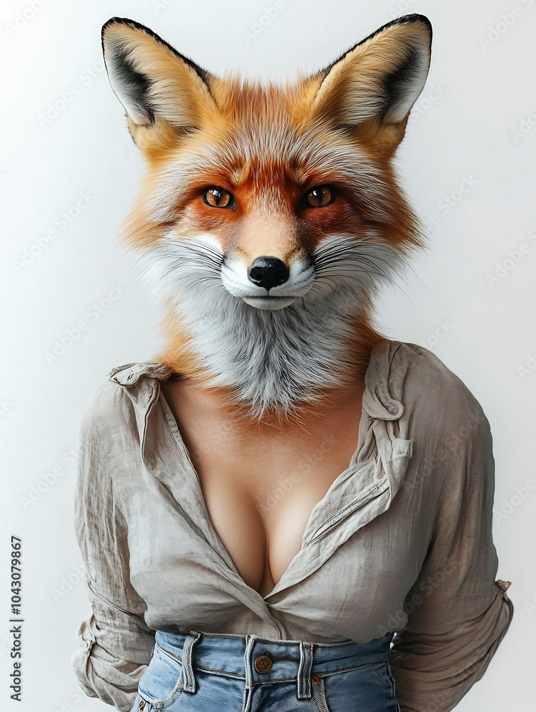 Female fox in a casual yet fashionable top with jeans on a white background. Female fox in a casual yet fashionable top with jeans on a white background.