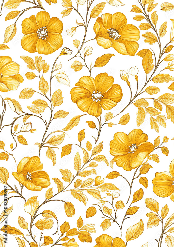 Embrace the elegance of this floral pattern, showcasing delicate golden blooms and intricate leaves Embrace the elegance of this floral pattern, showcasing delicate golden blooms and intricate leaves