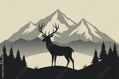 Black Silhouette of Deer and Mountains vector background