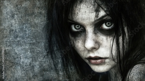 A haunting portrait of a girl with dark makeup and intense eyes against a textured background.