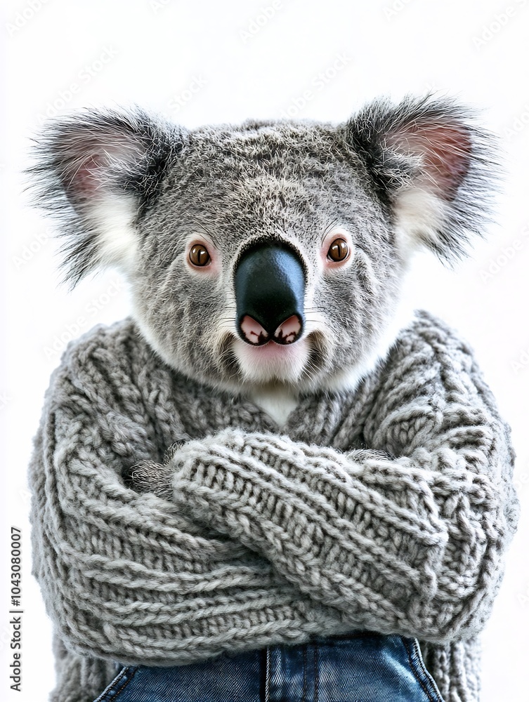 Female koala in a stylish sweater and jeans on a white background. Female koala in a stylish sweater and jeans on a white background.