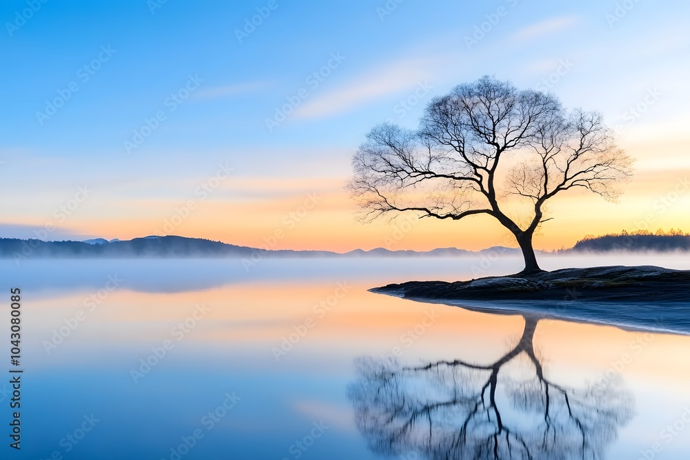 Serenity of a misty morning landscape Serenity of a misty morning landscape