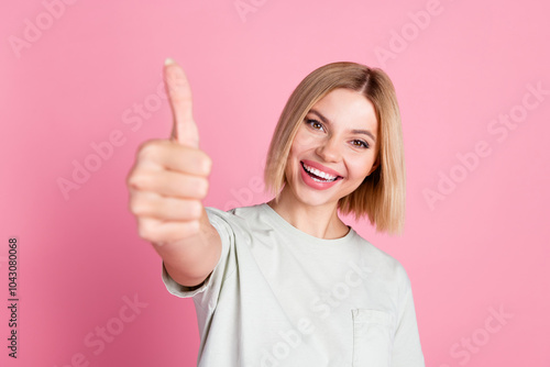 Wallpaper Mural Photo of optimistic gorgeous woman with bob hairdo dressed gray t-shirt showing you thumb up good job isolated on pink color background Torontodigital.ca