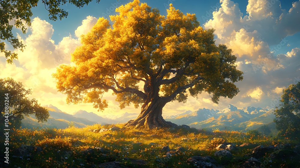 Obraz premium A solitary, golden tree stands tall on a hilltop bathed in the warm glow of the setting sun, with a backdrop of mountains.