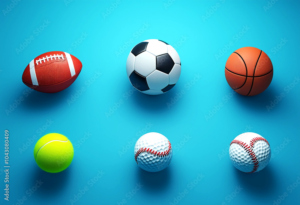 Showcase a 3D render of various sports balls arranged in a grid pattern on a gradient blue backgroun Showcase a 3D render of various sports balls arranged in a grid pattern on a gradient blue backgroun