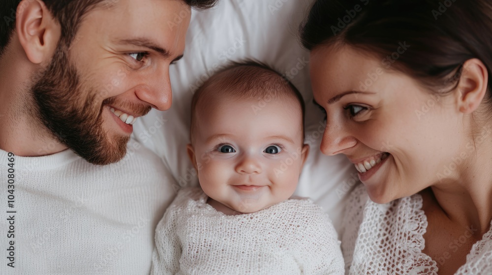 A joyful family portrait featuring a smiling baby with loving parents, creating a warm and intimate atmosphere. A joyful family portrait featuring a smiling baby with loving parents, creating a warm and intimate atmosphere.