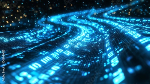meandering digital current, illuminated blue alphanumeric symbols, virtual data flow, deep space-like background, futuristic information conduit, tech concept illustration, digital transformation