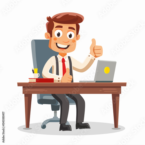 Happy businessman working on laptop and giving thumbs up.