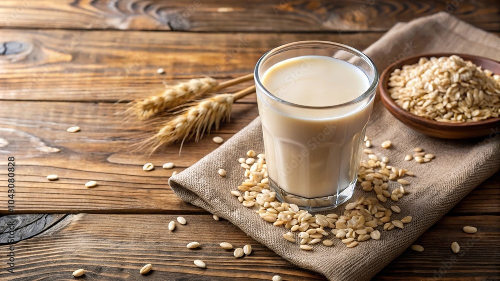 Fototapeta premium Glass of oatmeal milk with flakes on wooden table in kitchen